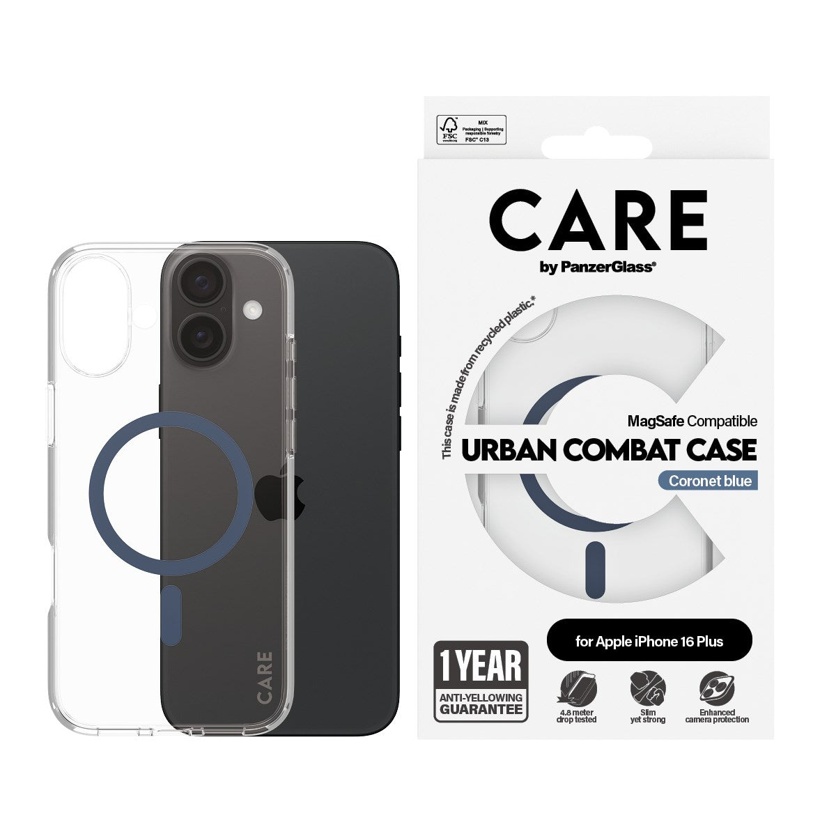 CARE by PanzerGlass® Flagship Case Transparent Urban Combat w. Blue MagSafe iPhone 16 Plus